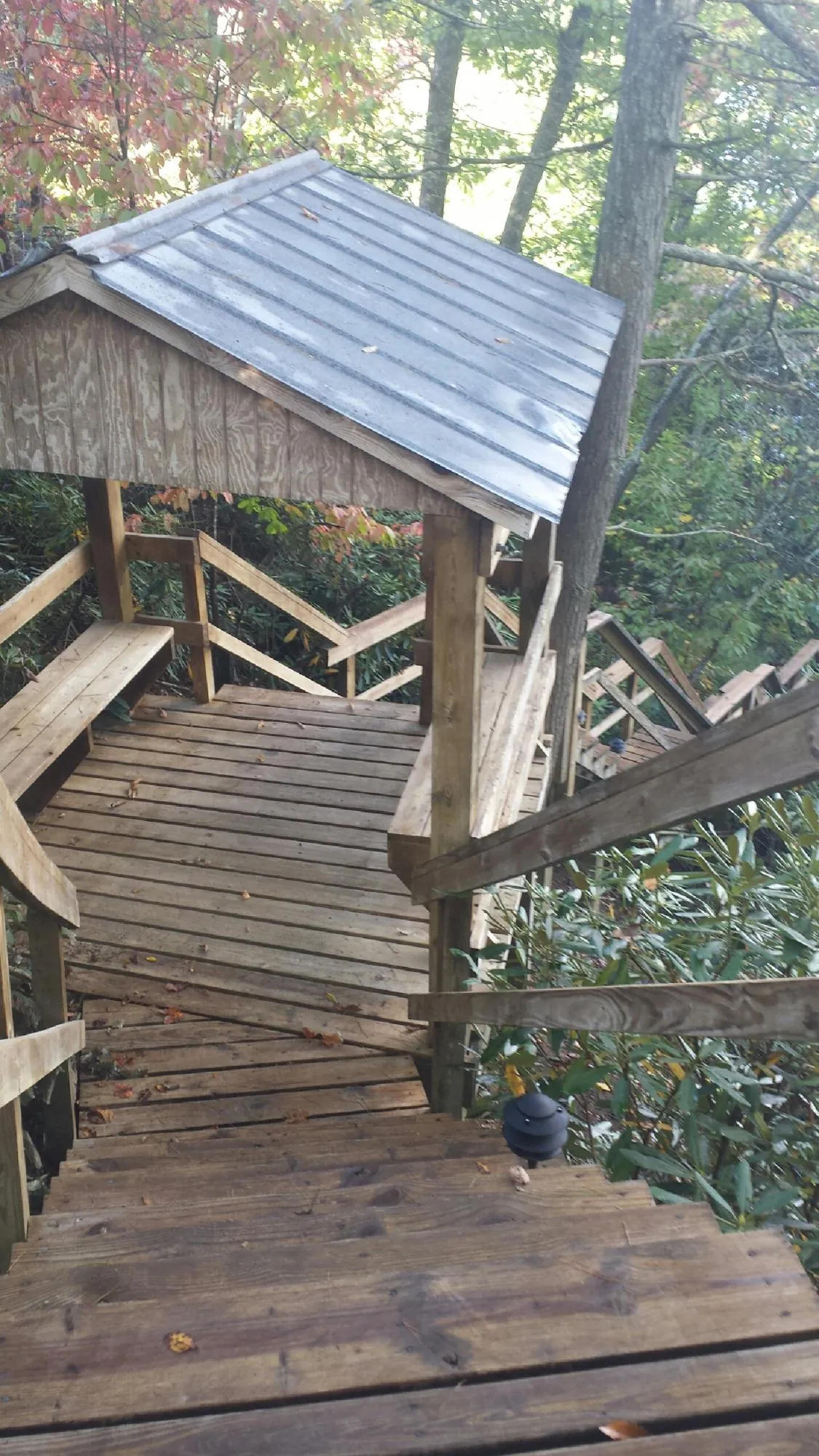 Metal roofed shelter over wooden steps on a wooded walkway — Skylight Repair & Installation work by our crew in Bluff City